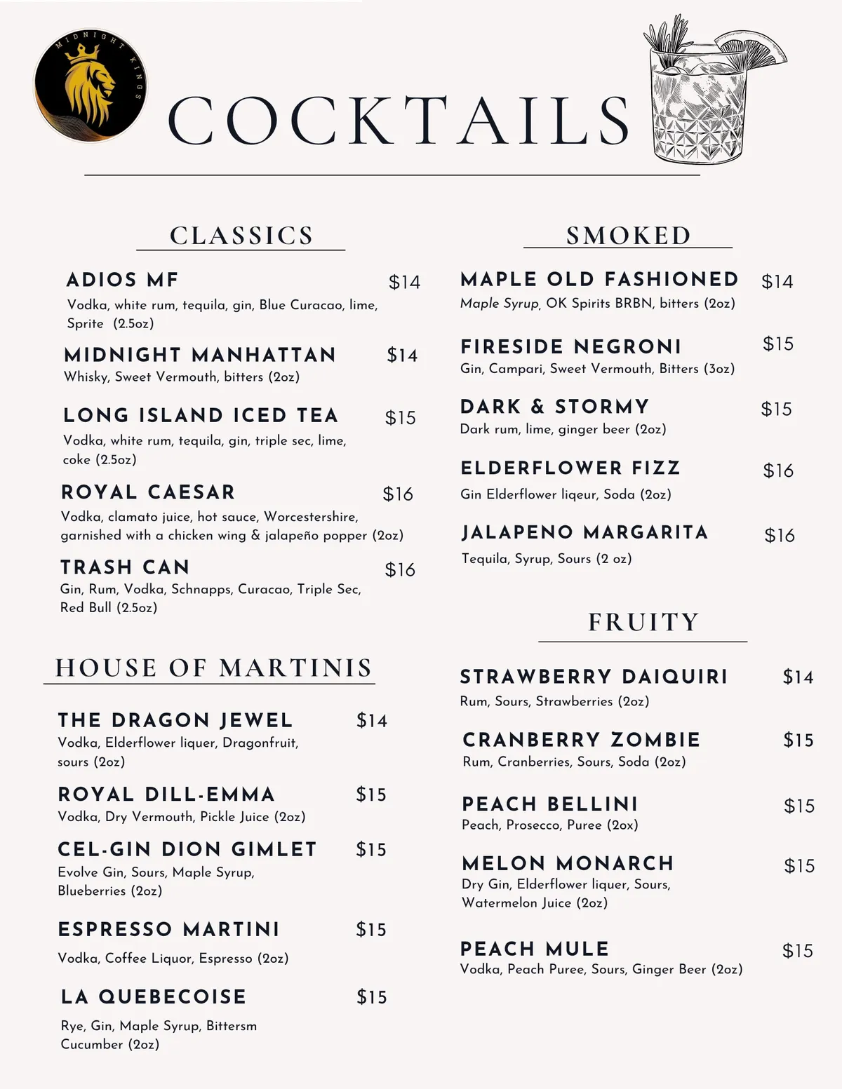 Cocktail menu at Midnight Kings Kelowna listing classics, house martinis, smoked and fruity cocktails