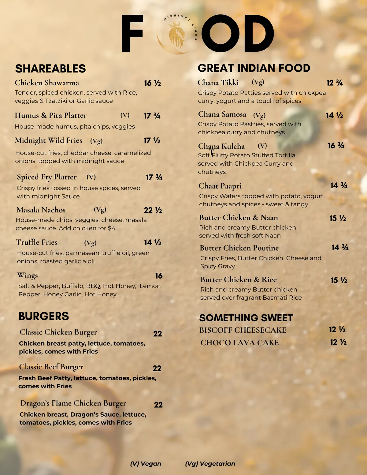 Printed food menu at Midnight Kings Hookah Lounge and Grill in Kelowna with shareables, burgers, Indian food and desserts