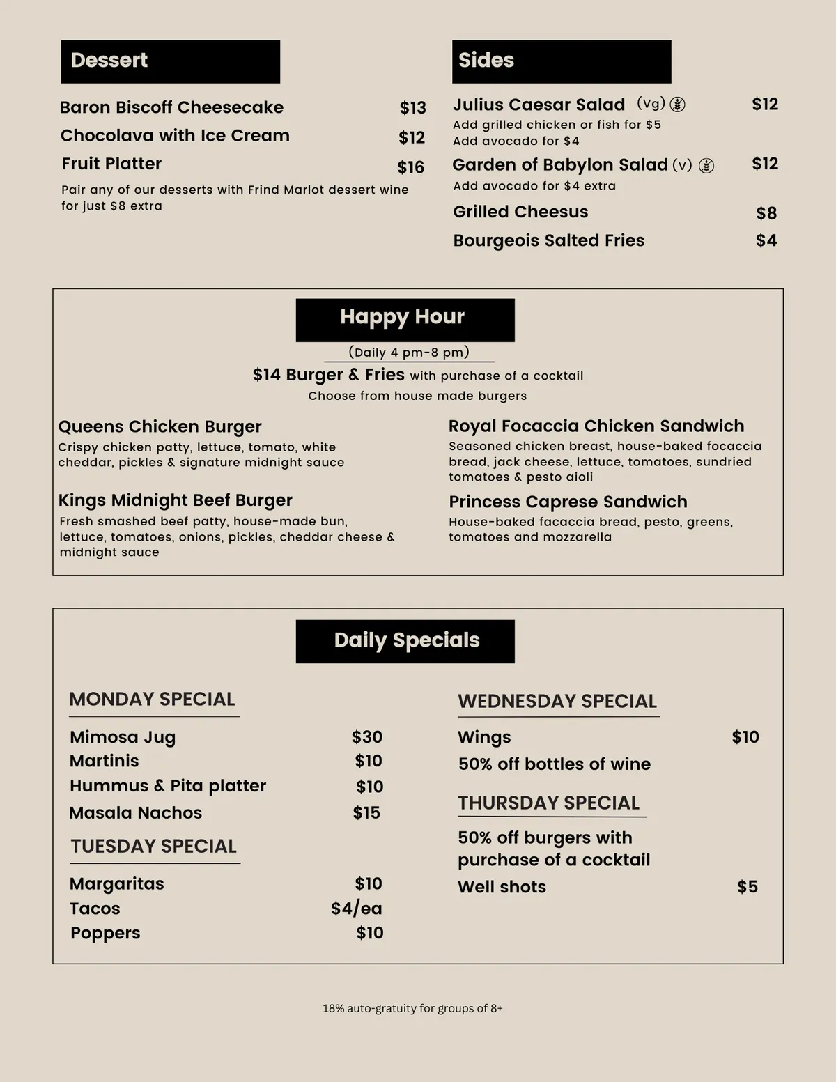 Happy hour menu at Midnight Kings Kelowna with daily 4 to 8 PM burger and cocktail deal and weekly specials