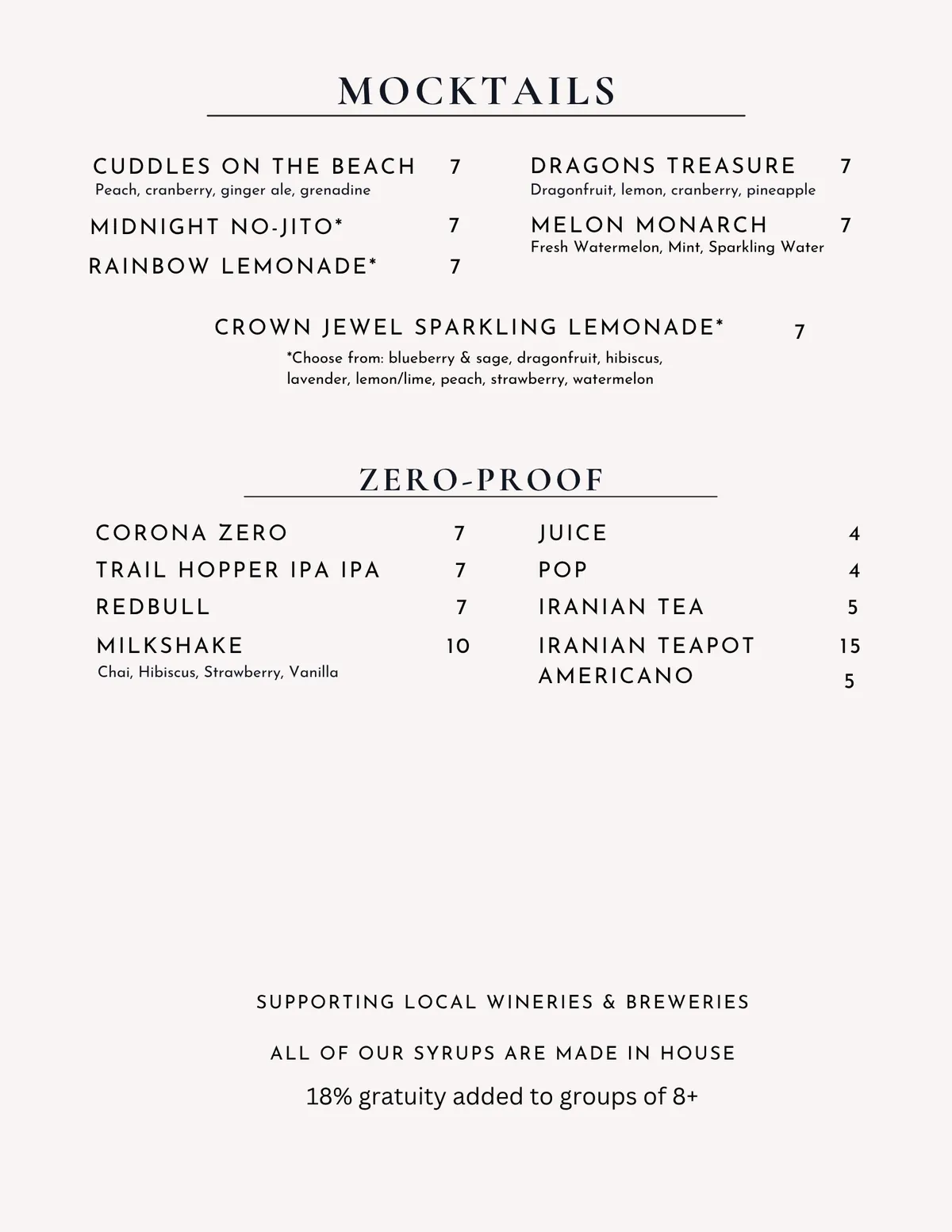Mocktail and zero-proof menu at Midnight Kings Kelowna with house-made syrups