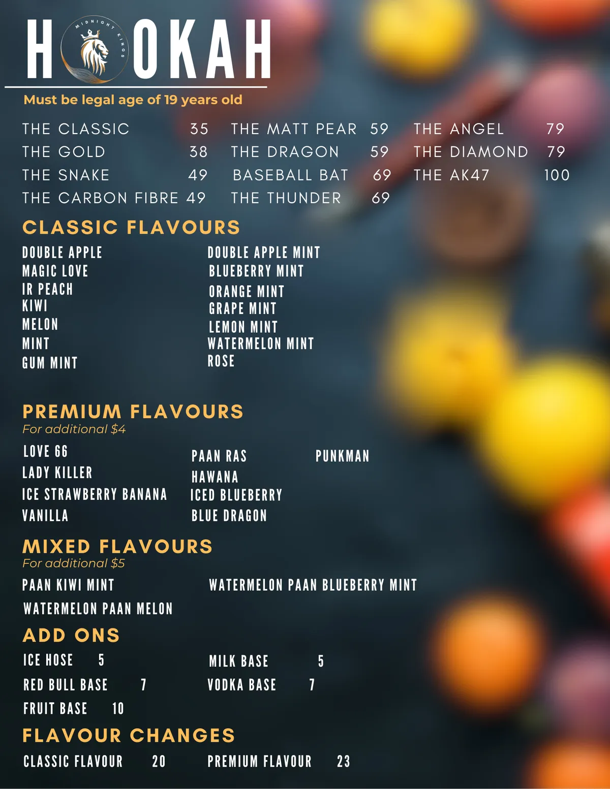 Printed shisha flavour menu at Midnight Kings Hookah Lounge in Kelowna listing hookah tiers, classic, premium and mixed flavours