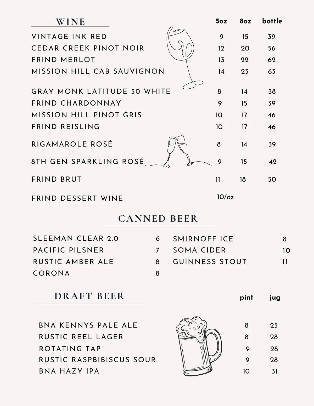 Wine and beer menu at Midnight Kings Kelowna featuring Okanagan wineries and local craft beer